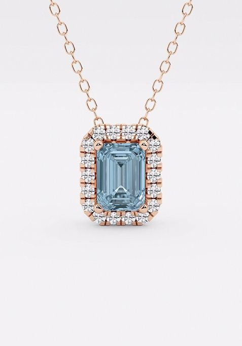 6.7x4.69 mm Emerald Cut Created Aquamarine and 1/5 ctw Round Lab Grown Diamond Halo Pendant with Adjustable Chain