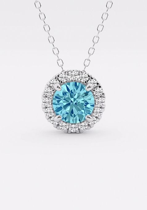 6.5 mm Round Created Blue Topaz and 1/5 ctw Round Lab Grown Diamond Halo Pendant with Adjustable Chain