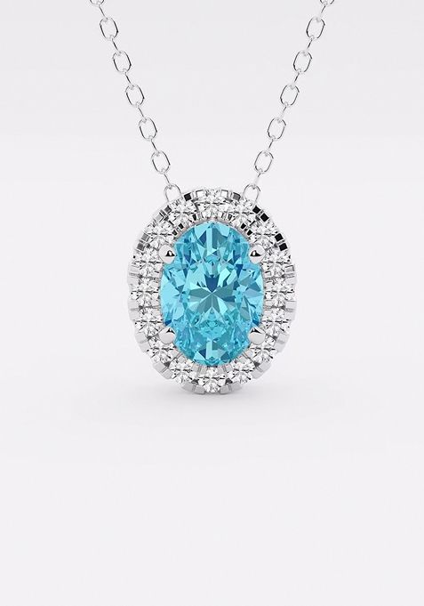 7.9x5.53 mm Oval Created Blue Topaz and 1/5 ctw Round Lab Grown Diamond Halo Pendant with Adjustable Chain