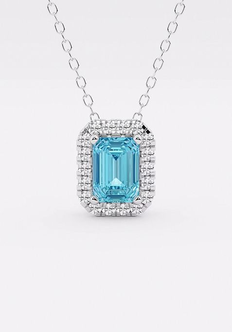 6.7x4.69 mm Emerald Cut Created Blue Topaz and 1/5 ctw Round Lab Grown Diamond Halo Pendant with Adjustable Chain