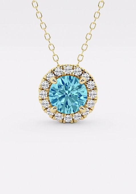 6.5 mm Round Created Blue Topaz and 1/5 ctw Round Lab Grown Diamond Halo Pendant with Adjustable Chain