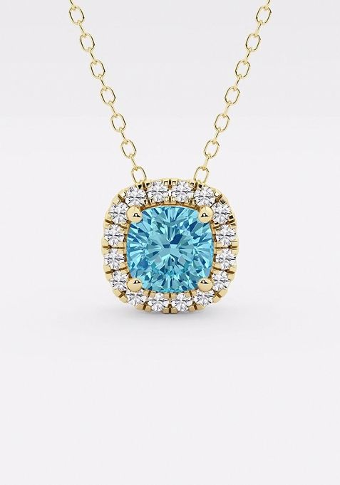 5.7x5.5 mm Cushion Cut Created Blue Topaz and 1/5 ctw Round Lab Grown Diamond Halo Pendant with Adjustable Chain