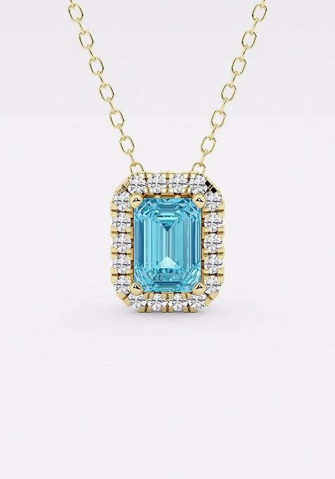 6.7x4.69 mm Emerald Cut Created Blue Topaz and 1/5 ctw Round Lab Grown Diamond Halo Pendant with Adjustable Chain