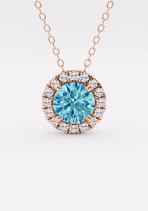 6.5 mm Round Created Blue Topaz and 1/5 ctw Round Lab Grown Diamond Halo Pendant with Adjustable Chain