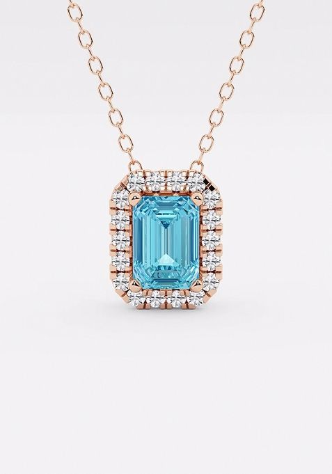 6.7x4.69 mm Emerald Cut Created Blue Topaz and 1/5 ctw Round Lab Grown Diamond Halo Pendant with Adjustable Chain