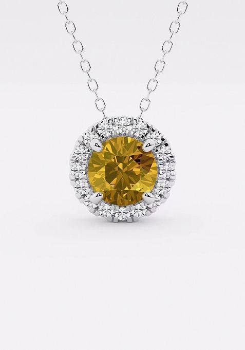 6.5 mm Round Created Citrine and 1/5 ctw Round Lab Grown Diamond Halo Pendant with Adjustable Chain