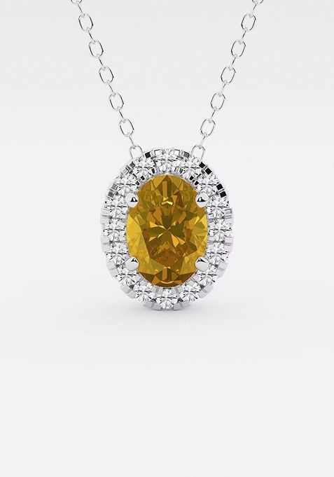 7.9x5.53 mm Oval Created Citrine and 1/5 ctw Round Lab Grown Diamond Halo Pendant with Adjustable Chain