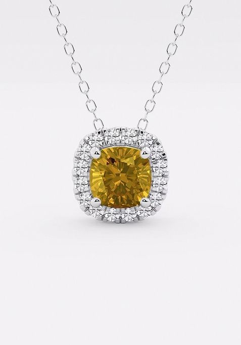 5.7x5.5 mm Cushion Cut Created Citrine and 1/5 ctw Round Lab Grown Diamond Halo Pendant with Adjustable Chain