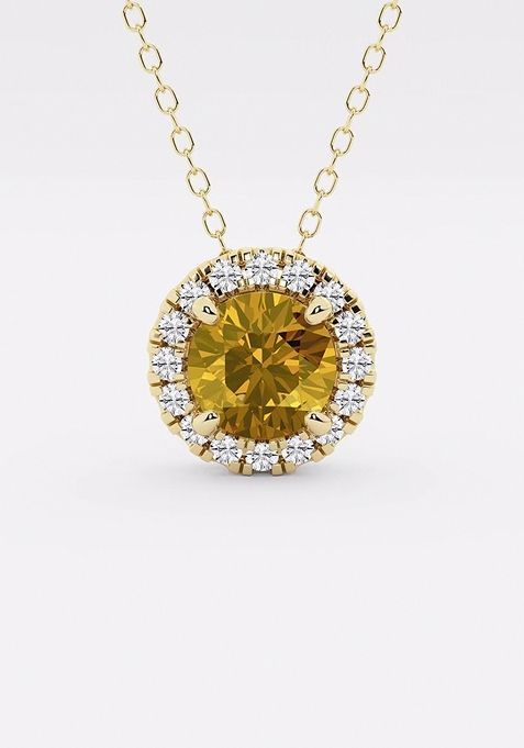 6.5 mm Round Created Citrine and 1/5 ctw Round Lab Grown Diamond Halo Pendant with Adjustable Chain