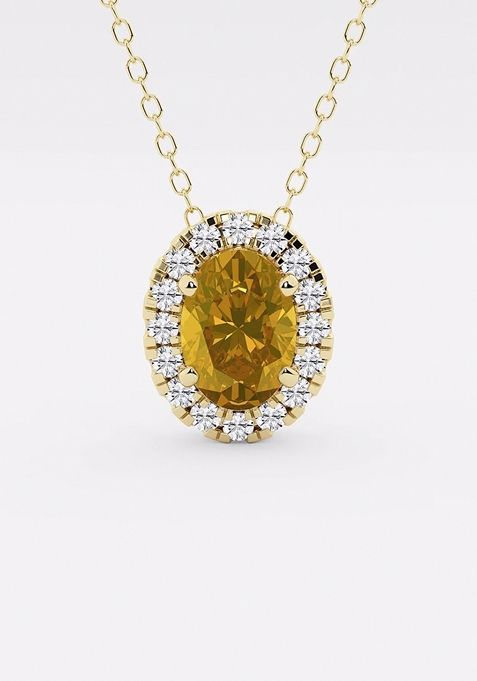 7.9x5.53 mm Oval Created Citrine and 1/5 ctw Round Lab Grown Diamond Halo Pendant with Adjustable Chain