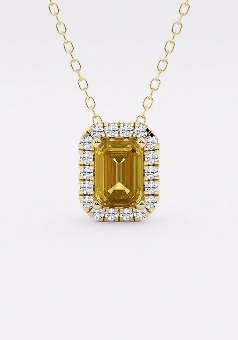 6.7x4.69 mm Emerald Cut Created Citrine and 1/5 ctw Round Lab Grown Diamond Halo Pendant with Adjustable Chain