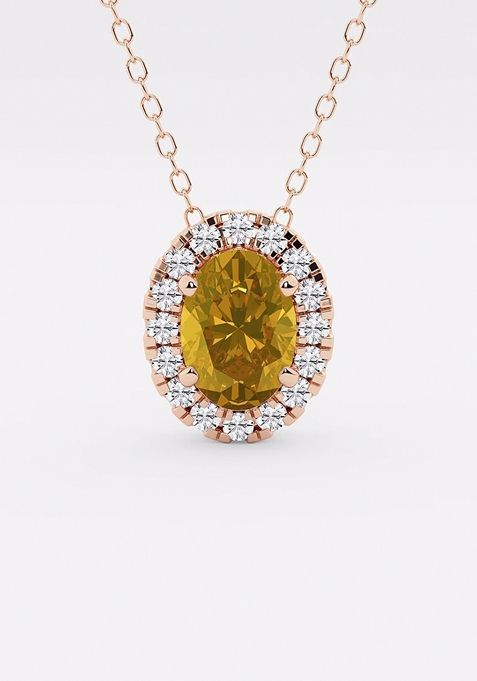 7.9x5.53 mm Oval Created Citrine and 1/5 ctw Round Lab Grown Diamond Halo Pendant with Adjustable Chain