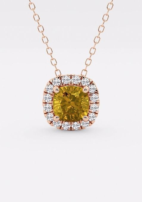 5.7x5.5 mm Cushion Cut Created Citrine and 1/5 ctw Round Lab Grown Diamond Halo Pendant with Adjustable Chain