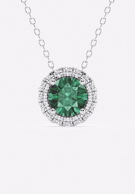 6.5 mm Round Created Emerald and 1/5 ctw Round Lab Grown Diamond Halo Pendant with Adjustable Chain