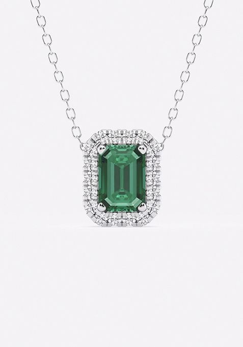 6.7x4.69 mm Created Emerald and 1/5 ctw Round Lab Grown Diamond Halo Pendant with Adjustable Chain