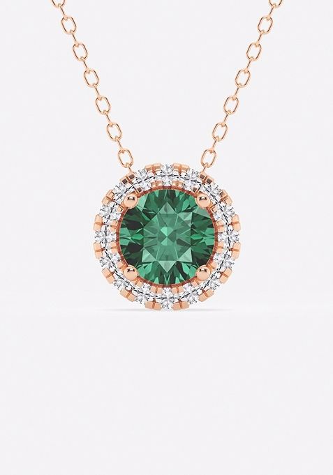 6.5 mm Round Created Emerald and 1/5 ctw Round Lab Grown Diamond Halo Pendant with Adjustable Chain