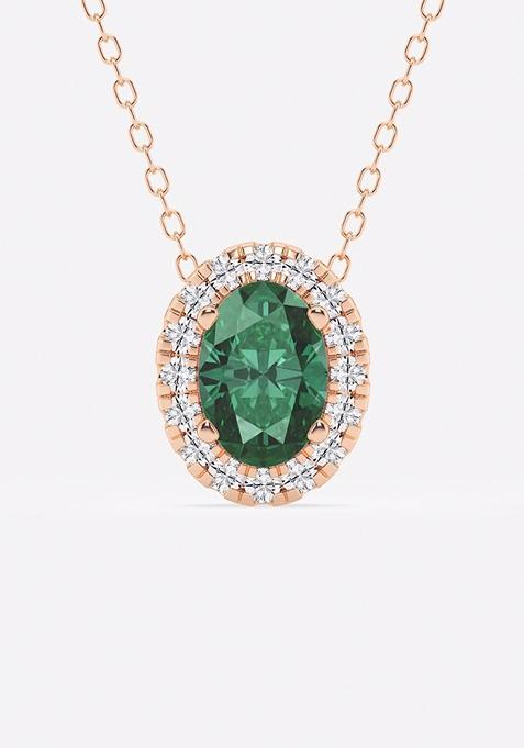 7.9x5.53 mm Oval Created Emerald and 1/5 ctw Round Lab Grown Diamond Halo Pendant with Adjustable Chain