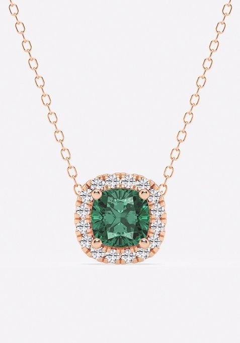 5.7x5.5 mm Cushion Cut Created Emerald and 1/5 ctw Round Lab Grown Diamond Halo Pendant with Adjustable Chain