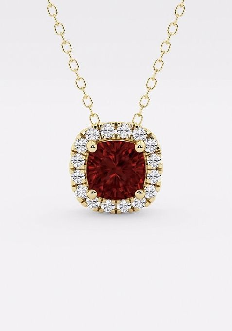 5.7x5.5 mm Cushion Cut Created Garnite and 1/5 ctw Round Lab Grown Diamond Halo Pendant with Adjustable Chain