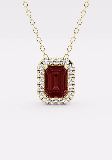 6.7x4.69 mm Emerald Cut Created Garnite and 1/5 ctw Round Lab Grown Diamond Halo Pendant with Adjustable Chain