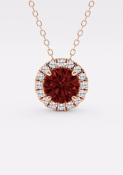 6.5 mm Round Created Garnite and 1/5 ctw Round Lab Grown Diamond Halo Pendant with Adjustable Chain