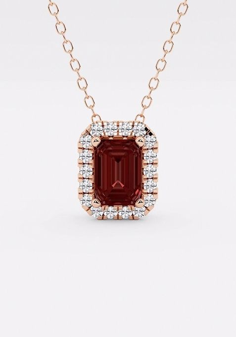 6.7x4.69 mm Emerald Cut Created Garnite and 1/5 ctw Round Lab Grown Diamond Halo Pendant with Adjustable Chain