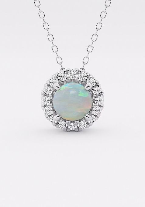 6.5 mm Round Created Opal and 1/5 ctw Round Lab Grown Diamond Halo Pendant with Adjustable Chain