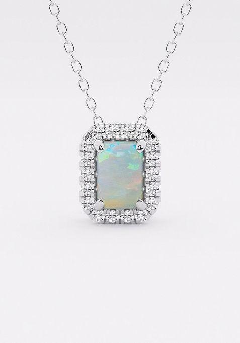 6.7x4.69 mm Emerald Cut Created Opal and 1/5 ctw Round Lab Grown Diamond Halo Pendant with Adjustable Chain