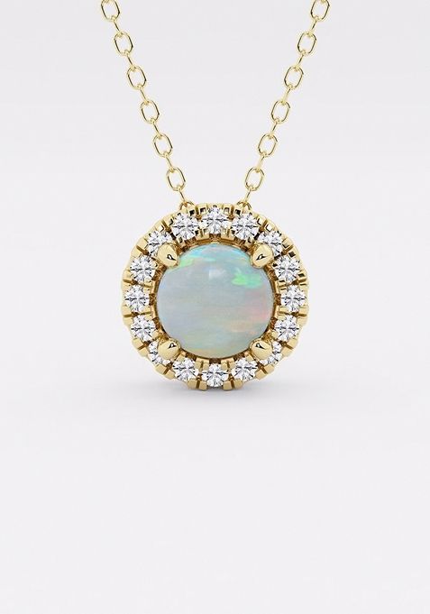 6.5 mm Round Created Opal and 1/5 ctw Round Lab Grown Diamond Halo Pendant with Adjustable Chain