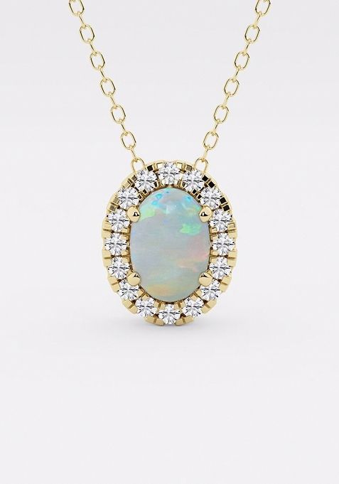 7.9x5.53 mm Oval Created Opal and 1/5 ctw Round Lab Grown Diamond Halo Pendant with Adjustable Chain