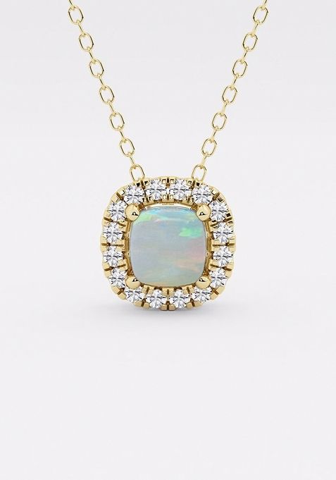 5.7x5.5 mm Cushion Cut Created Opal and 1/5 ctw Round Lab Grown Diamond Halo Pendant with Adjustable Chain