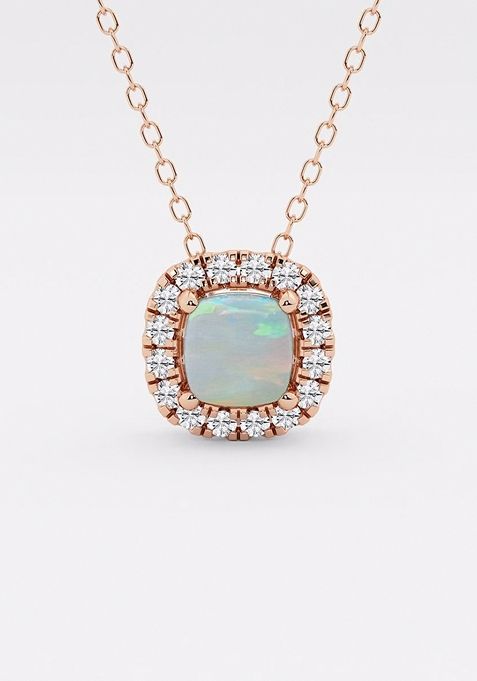 5.7x5.5 mm Cushion Cut Created Opal and 1/5 ctw Round Lab Grown Diamond Halo Pendant with Adjustable Chain