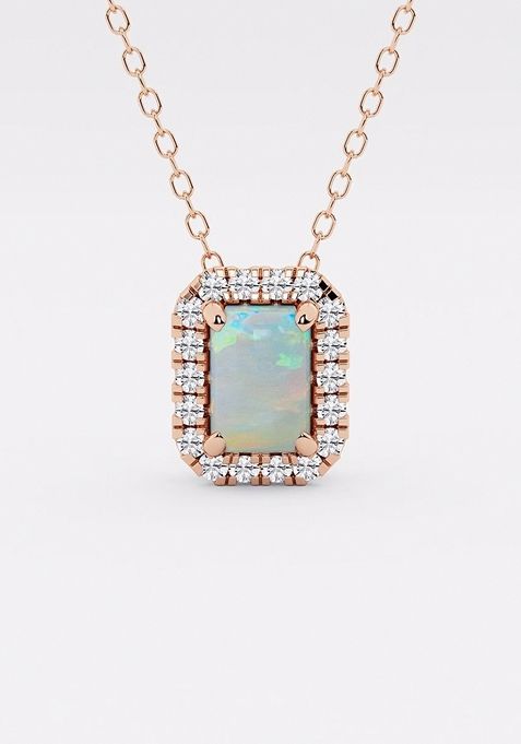 6.7x4.69 mm Emerald Cut Created Opal and 1/5 ctw Round Lab Grown Diamond Halo Pendant with Adjustable Chain