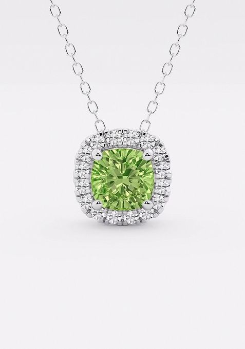 5.7x5.5 mm Cushion Cut Created Peridot and 1/5 ctw Round Lab Grown Diamond Halo Pendant with Adjustable Chain