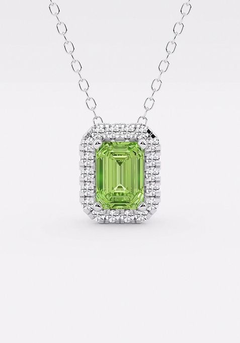 6.7x4.69 mm Emerald Cut Created Peridot and 1/5 ctw Round Lab Grown Diamond Halo Pendant with Adjustable Chain