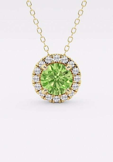 6.5 mm Round Created Peridot and 1/5 ctw Round Lab Grown Diamond Halo Pendant with Adjustable Chain