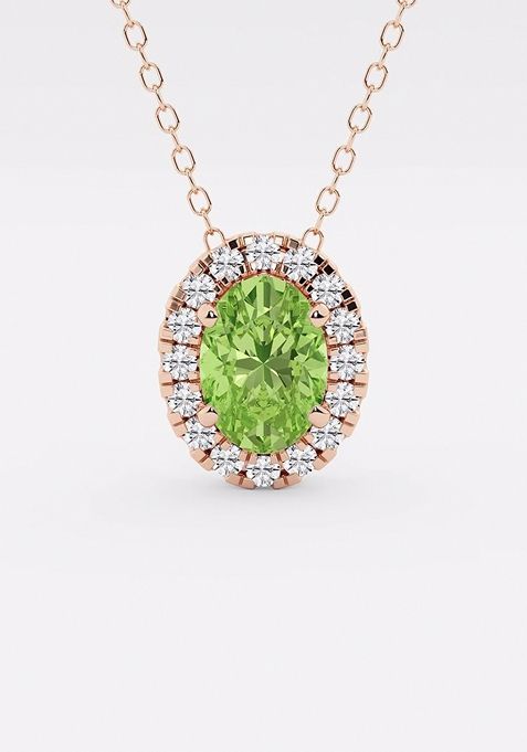 7.9x5.53 mm Oval Created Peridot and 1/5 ctw Round Lab Grown Diamond Halo Pendant with Adjustable Chain