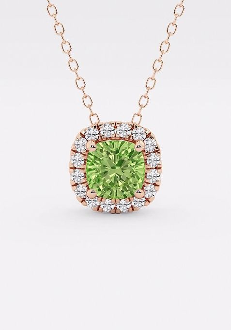 5.7x5.5 mm Cushion Cut Created Peridot and 1/5 ctw Round Lab Grown Diamond Halo Pendant with Adjustable Chain