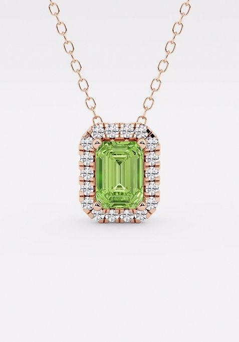 6.7x4.69 mm Emerald Cut Created Peridot and 1/5 ctw Round Lab Grown Diamond Halo Pendant with Adjustable Chain