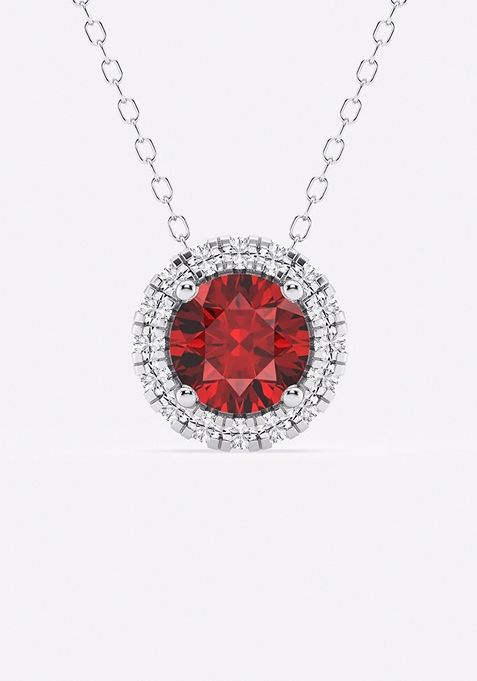 6.5 mm Round Created Ruby and 1/5 ctw Round Lab Grown Diamond Halo Pendant with Adjustable Chain