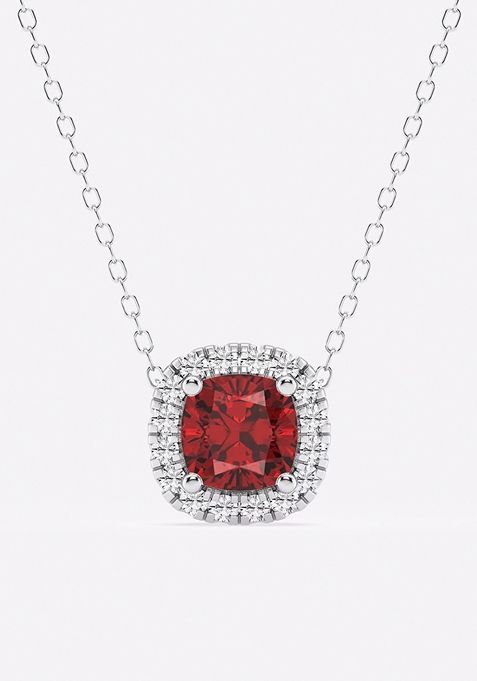 5.7x5.5 mm Cushion Cut Created Ruby and 1/5 ctw Round Lab Grown Diamond Halo Pendant with Adjustable Chain