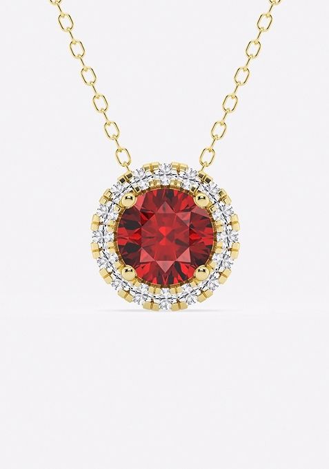 6.5 mm Round Created Ruby and 1/5 ctw Round Lab Grown Diamond Halo Pendant with Adjustable Chain