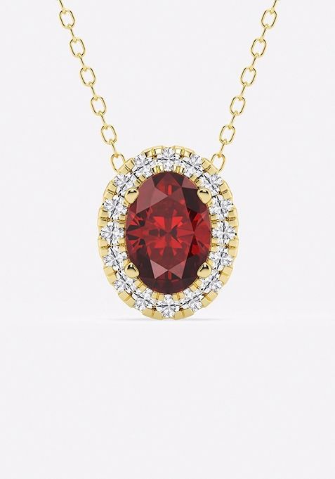 7.9x5.53 mm Oval Created Ruby and 1/5 ctw Round Lab Grown Diamond Halo Pendant with Adjustable Chain