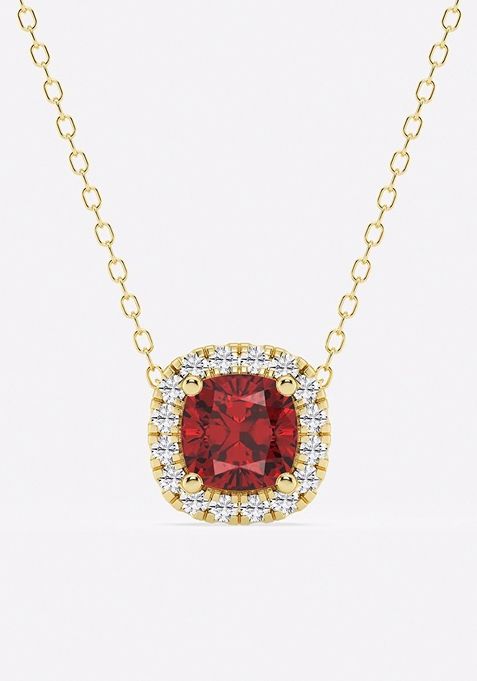 5.7x5.5 mm Cushion Cut Created Ruby and 1/5 ctw Round Lab Grown Diamond Halo Pendant with Adjustable Chain