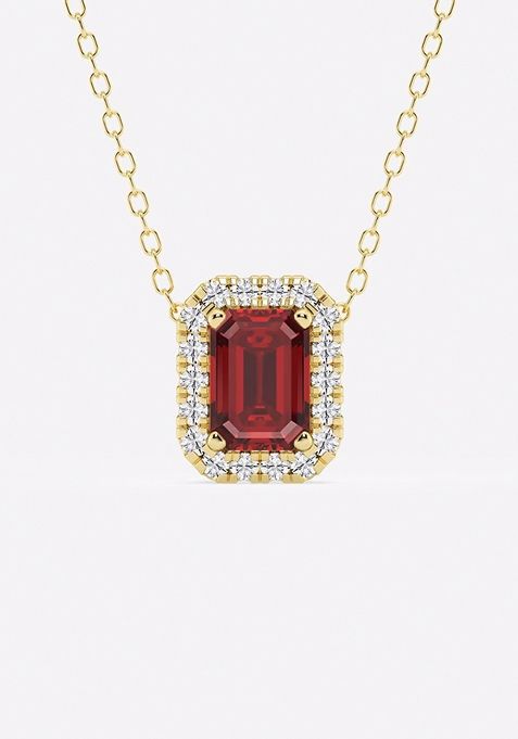 6.7x4.69 mm Emerald Cut Created Ruby and 1/5 ctw Round Lab Grown Diamond Halo Pendant with Adjustable Chain