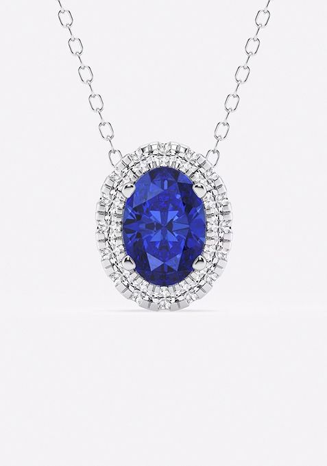 7.9x5.53 mm Oval Created Sapphire and 1/5 ctw Round Lab Grown Diamond Halo Pendant with Adjustable Chain