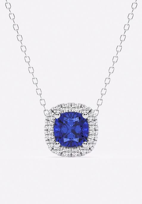 5.7x5.5 mm Cushion Cut Created Sapphire and 1/5 ctw Round Lab Grown Diamond Halo Pendant with Adjustable Chain