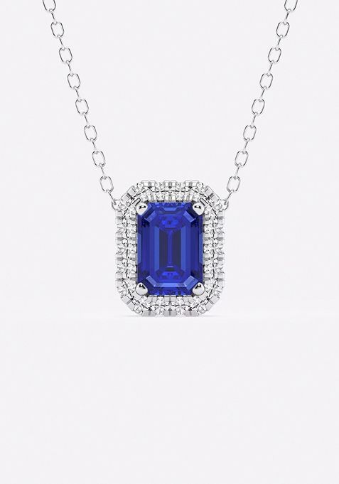 6.7x4.69 mm Emerald Cut Created Sapphire and 1/5 ctw Round Lab Grown Diamond Halo Pendant with Adjustable Chain