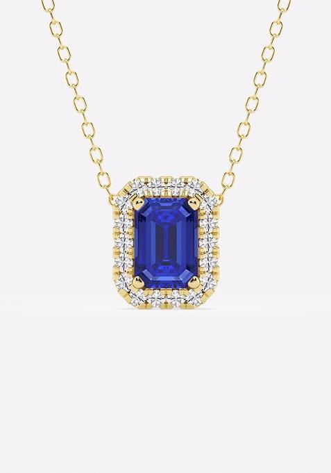 6.7x4.69 mm Emerald Cut Created Sapphire and 1/5 ctw Round Lab Grown Diamond Halo Pendant with Adjustable Chain