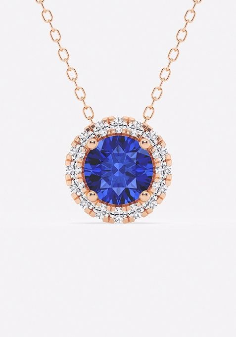 6.5 mm Round Created Sapphire and 1/5 ctw Round Lab Grown Diamond Halo Pendant with Adjustable Chain